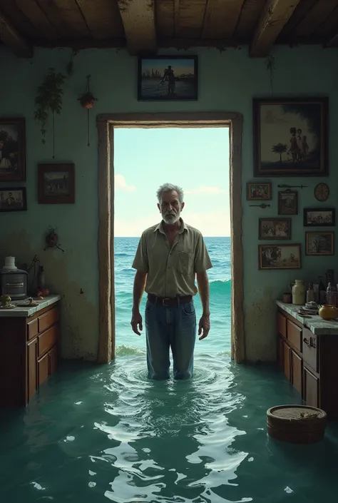 A man in his house who is sinking into the sea 