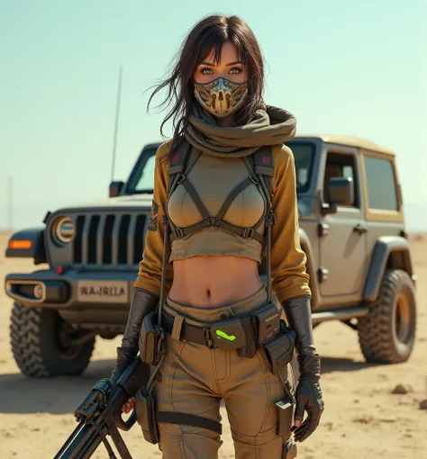 A female hunter with a crossbow in her hand.Wastelands 05, dressed in a functional but at the same time spectacular outfit, stands in the middle of a deserted, post-apocalyptic wasteland, next to a military jeep car. her piercing gaze is focused on the hor...