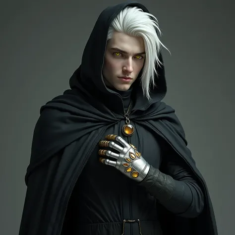 a yellow-eyed elf with white hair with a paline tint on his skin wearing a black cloak with a hood that hides a part of his face allowing only to see his mouth with approximately 1,97 meters tall wearing a platinum mitten on his right hand and 5 gold rings...