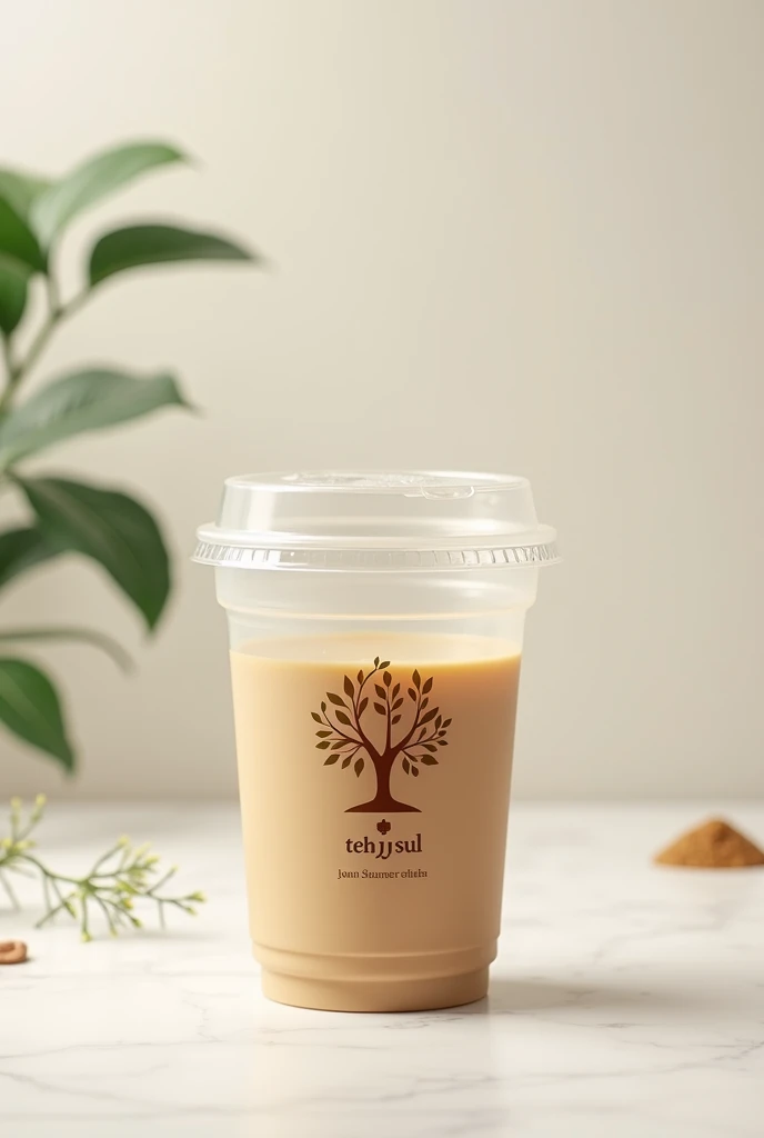 plastic cup with tree logo teh ipul text