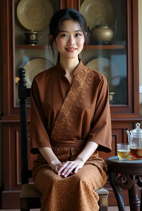 A beautiful female model wearing a brown lurik kebaya and wearing a brown batik sarong and the beautiful woman sits on a traditional Javanese chair and the womans hands are folded and beside her there is a small table containing a Javanese teapot and Javan...