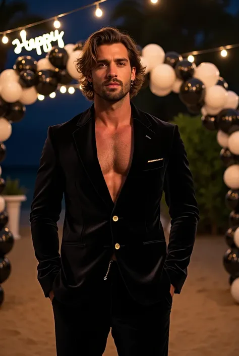  Creates an image of a muscular tall Italian man ,  middle curly hair brushed backwards , Wear a black velvet suit jacket with three gold buttons,  and a loose velvet suit pants ,  with a mini gold chain hanging on the pants ,  The entrance to a Hawaiian b...