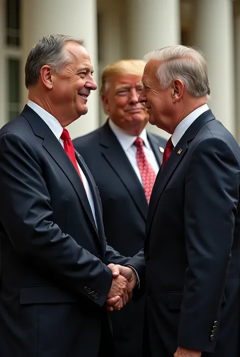 I want three male heads of state. All three of them greet the people. But the president in the middle is trying to show himself superior by slightly bending the hand of the president on the right. Can you make a visual about this?