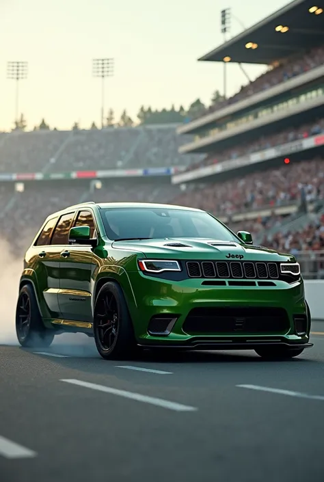   realistic photo , Jeep Motors,  futuristic concept car ,  create a new generation of the Grand Cherokee in the color dark green ,  a lowered race car like a racing version of NASCAR, Running with euphoric grandstands .