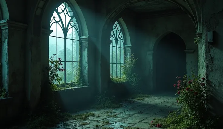 A dimly lit Gothic mansion interior with damp, mossy walls glistening with condensation. Black, sticky roses grow from cracks in the walls, their wilted petals clinging to life. The air looks heavy with an eerie fog, and the faint glow of moonlight filters...