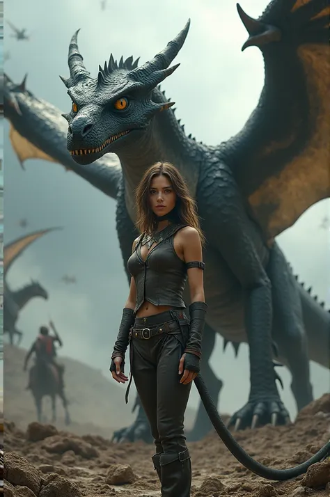 A young woman with long brown hair semi wavy with white tips and brown eyes in a destructive landscape with more dragons and dragon riders with a dragon next to her black and yellow eyes and the woman has leather clothes