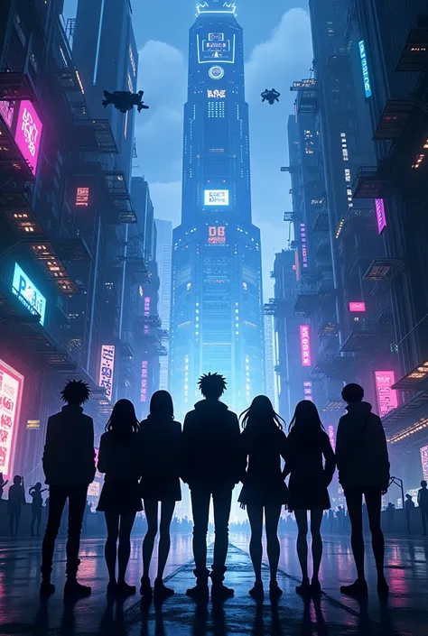 Generate an image with 8 friends together the 8 friends are shadowed means completely black and behind them there is a futuristic cyberpunk city it should only be boys,it should be anime themed