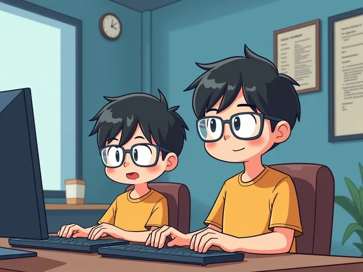 Programming Python by Shogunkunggg that is cute cartoon graphics. There are boys in white glasses, with straight hair, with cute faces, programming alone, room conditions like a professional programmers room.