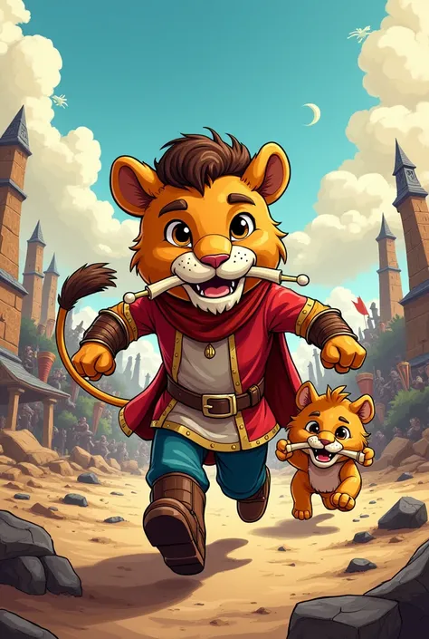 create a comic style (cartoonish), 2d page prince running with his a cute lion cub that hold a battle scroll in his mouth, battle field background