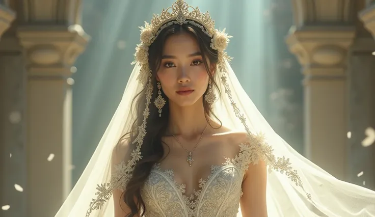 A graceful and determined young woman, deeply spiritual, dressed in an elaborate bridal attire.