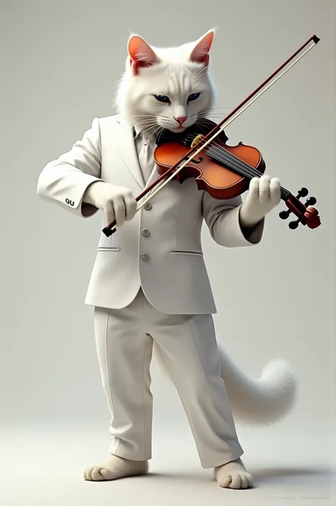 A super realistic white muscular cat in a white suit and pants playing violin beautifully 