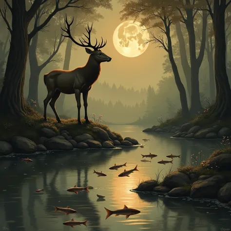 art deer + fishes + the forest + moon + river in shades of brown and beige