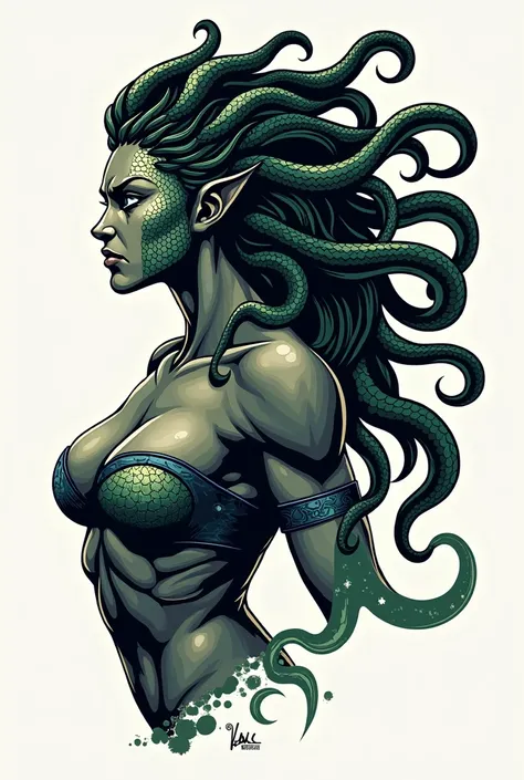 A woman spartan with one side head is medusa and have snake as her hair create for a left side logo 