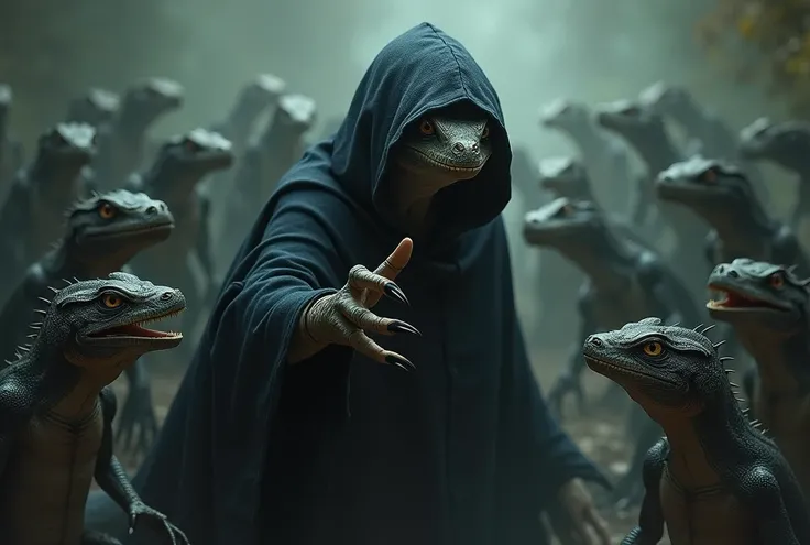 Hooded reptilian creature pointing to the right side in a sinister way with many reptiles around