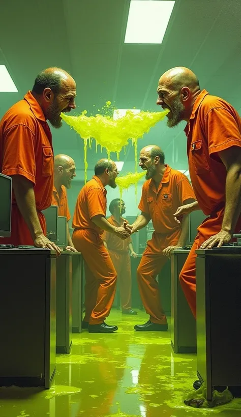  Mutants in orange prison uniforms spit yellow-green acid at long-suffering office workers, that eats away at their bodies ,  oil painting..