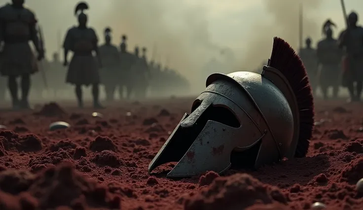 A close-up of a broken Spartan helmet lying on the blood-soaked ground, partially covered in dust and ash. A dim, red-tinged light reflects off the cracked metal. In the distance, shadowy Persian figures loom through thick smoke, their weapons glinting fai...