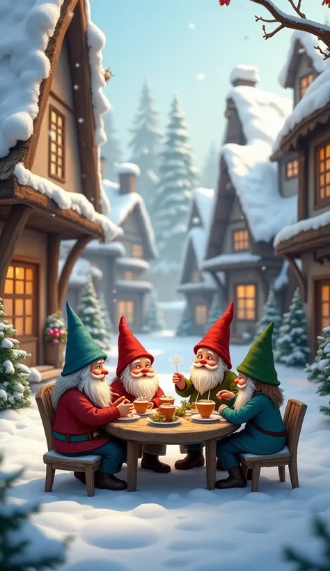  Winter fairy tale village of gnomes, fairy tale houses, near the same house, gnomes are sitting at a table drinking tea