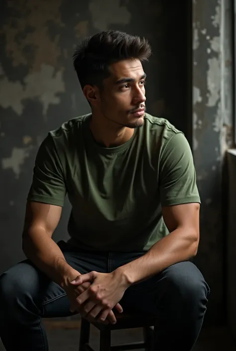 Create a 28 year old boy, short haircut, athletic shape, light skin Latino, sigma with 8k resolution, young looking, sitting in his rustic and modern setting, dark atmosphere, wearing a moss green t-shirt, corporate shoot, combination of black and white co...