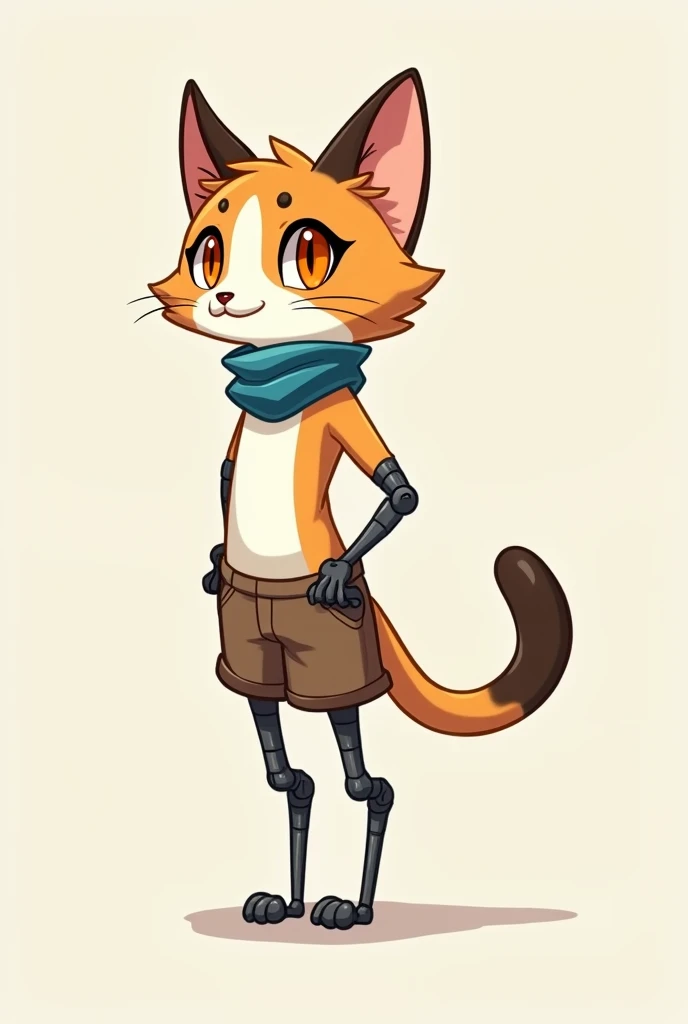  Skinny Cartoon style male Calico cat furry, not muscular,  small height ,  wearing a blue scarf around his neck , brown shorts ,  orange eyes and digitized legs 