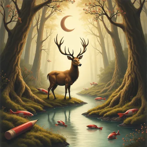 deer art pencils + fishes + the forest + moon + river in shades of brown and beige 