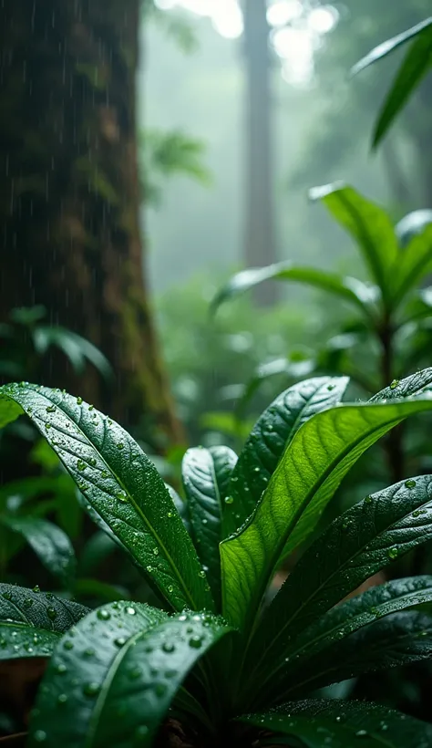 A hyper-detailed view of a lush rainforest during a light drizzle, intricate textures on vibrant green leaves, wet surfaces reflecting light, visible raindrops on plants, mist in the background, detailed bark textures on ancient trees, photorealistic, shar...