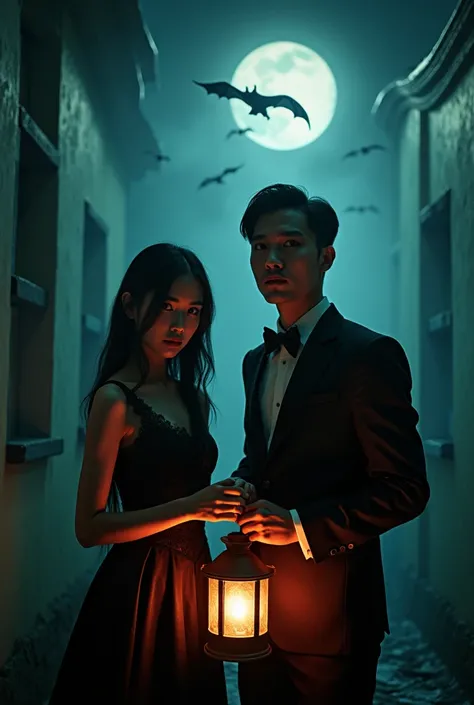  Close-up photo shows a man  (Handsome, time,  20 years old  , Asian face) and a woman  (beautiful, time ,  20 years old , Asian face) , yang memakai pakaian serba nuansa horror vampire, posing with a focused gaze forward,  carrying a lantern  ,  in a room...