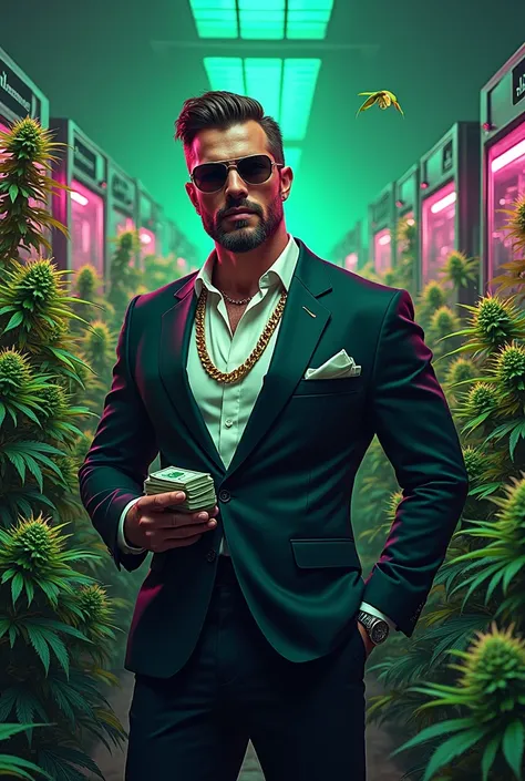 colorful image of a confident businessman standing in a lush cannabis farm with a multitude of ATMs and cash counting machines. The focus is on his upper body (half-body shot), and he is perfectly focused. The man has sharp, professional features and is dr...