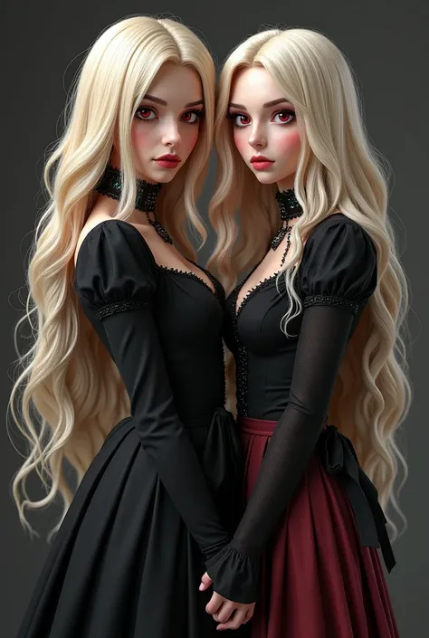 A detailed full body picture depicts two ladies Eve and Lilith, with striking blonde hair cascading in waves. Eve, with serene red eyes, exudes calmness and composure. Lilith has mischievous pink eyes and a lively demeanor. gothic clothing, realistic style...