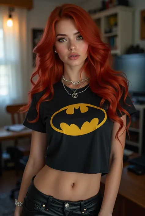 a beautiful girl with brown eyes and wavy red hair, wearing a batman tshirt, in the nerd room background, realistic, high quality, photorealistic, 8k, detailed face, extremely detailed eyes, detailed lips, long eyelashes, elegant, sensual, silver jewelry, ...