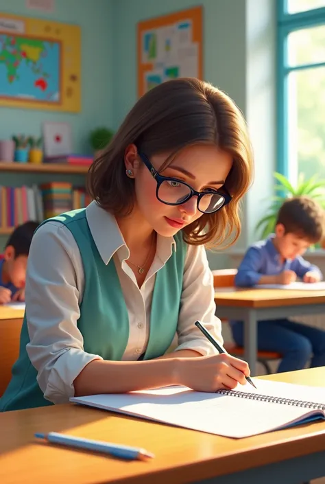 The teacher, wear glasses, is checking the homework assignments nearby. The classroom is filled with bright colors, educational materials on the walls, and students working quietly at their desks.