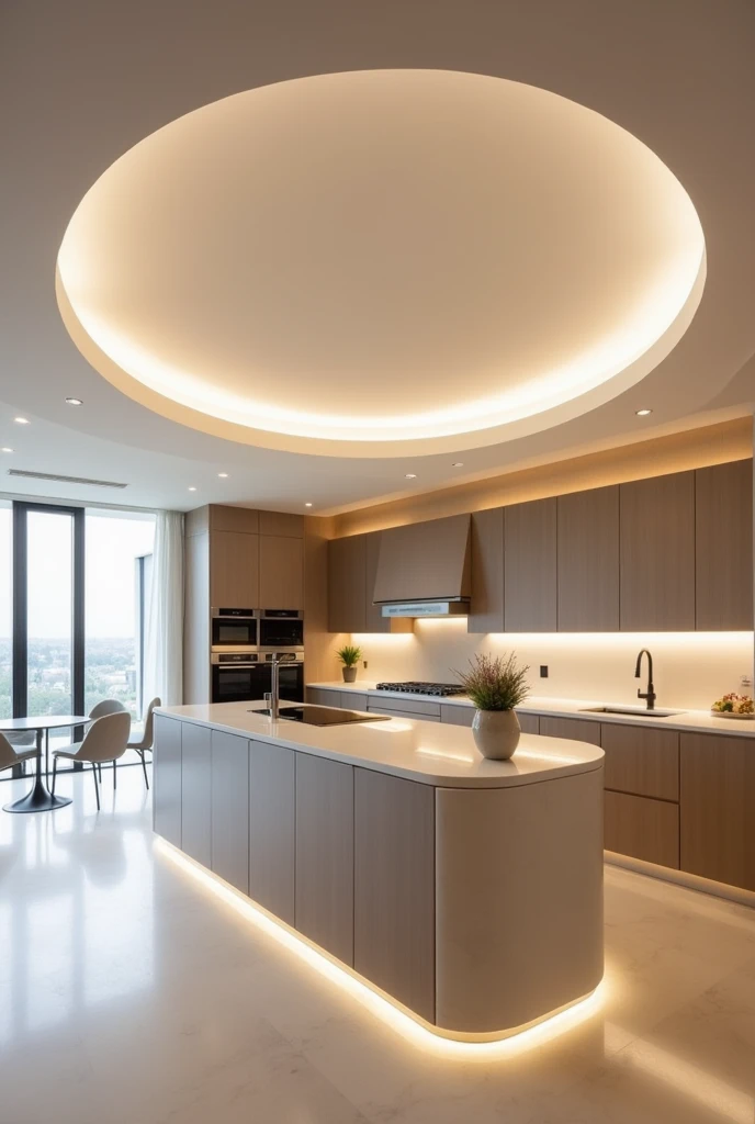 Kitchen with ceiling designed with drywall for an island and indirect light. Simple with circular shapes 