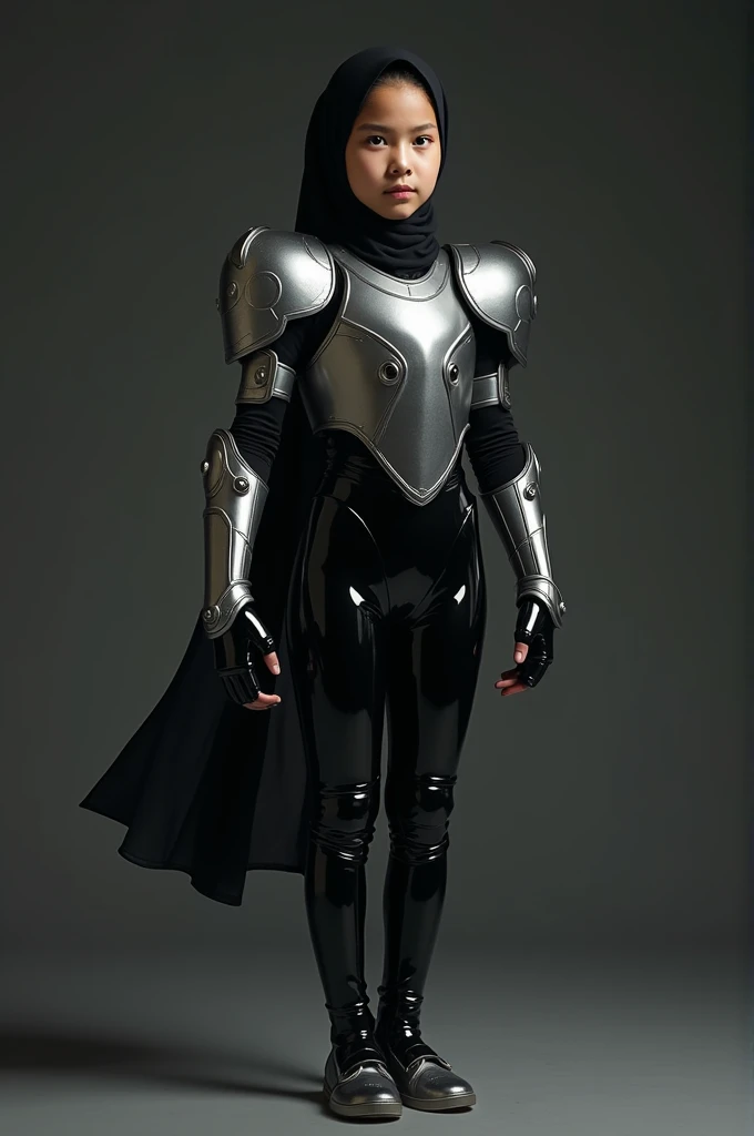 A girl wearing hijab . Innocent face. Long leg. Wearing full body black latex suit and silver body armor. High quality. High resolution