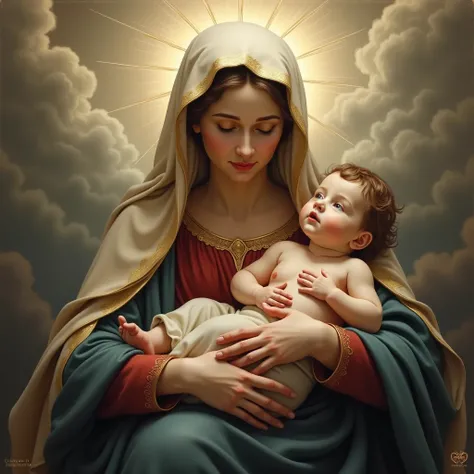 Mother Mary holds Jesus in her arms, heaven background, High Details, masterpiece