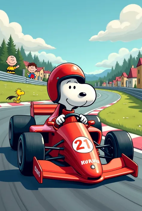 snoopy driving a f1 car in a cartoon desing 2d