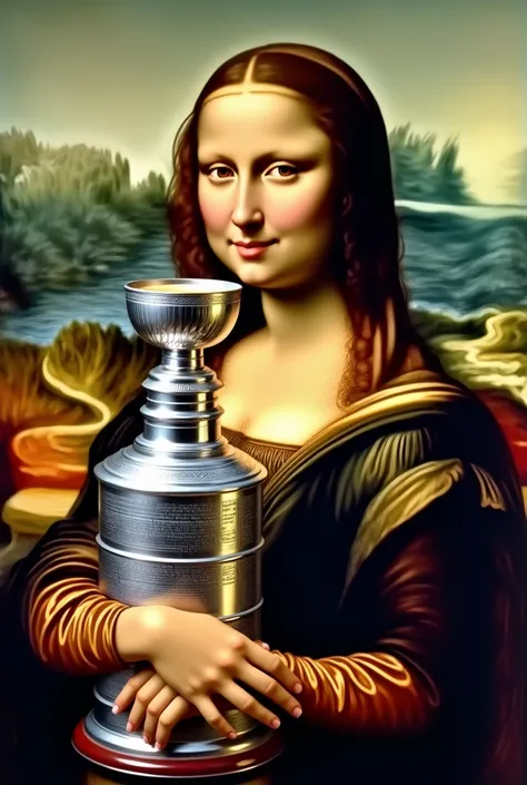 Generate an image of Mona Lisa drinking beer in the Stanley cup 
