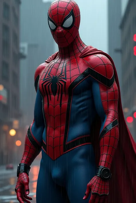 Spider-Man standing on rain without cape