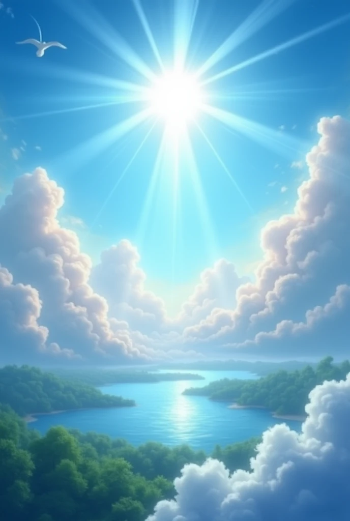 A heavenly and dreamlike scene depicting a bright, radiant sunburst high in the sky, with glowing light rays spreading out in every direction. The sky is a vibrant blue with soft, fluffy clouds scattered throughout, some towering upwards like pillars of li...