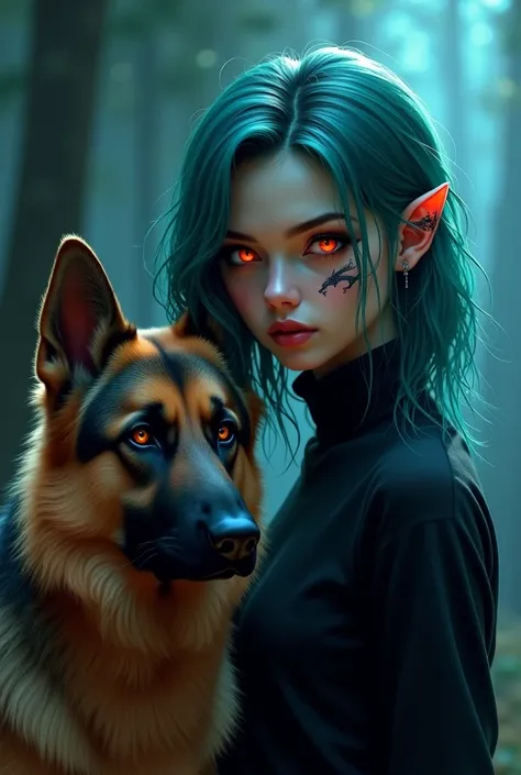 mid length blue-green colored hair, red glowy eyes, german shepherd dog beside her, dragon tattoo under her ear, dark eerie background, turtle black neck shirt