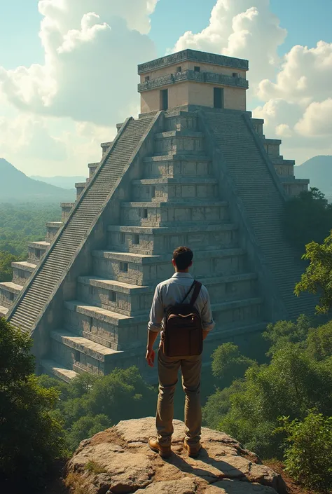 A reporter with a satchel at the top of a Mayan temple