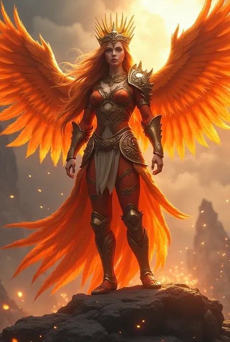 Create legendary Phoenix warrior, legs and arms in bright colors, tender yet strong, attractive with battle armor and crown and long hair 