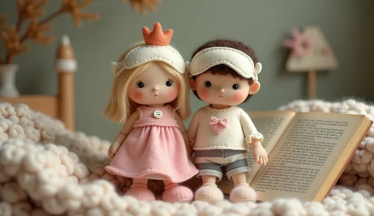 A cozy, vintage-style scene featuring a felt girl wearing a princess dress with a crown, and a felt boy wearing brown and white striped pom-pom pants. They are standing next to each other, not cuddling. Both ren are wearing plain, unpatterned sleep masks. ...