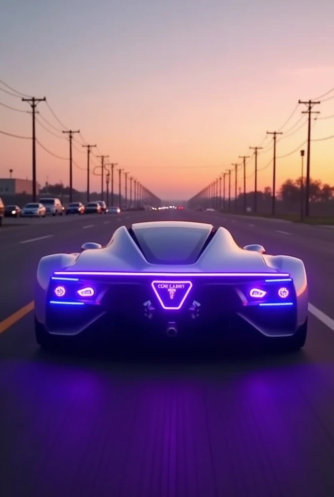 create a image below;
The image shows a futuristic car, identified as the Mercedes AVTR, on a road at sunset. The car features a sleek, aerodynamic design with numerous illuminated blue elements on its rear, giving it a high-tech appearance. The vehicle is...