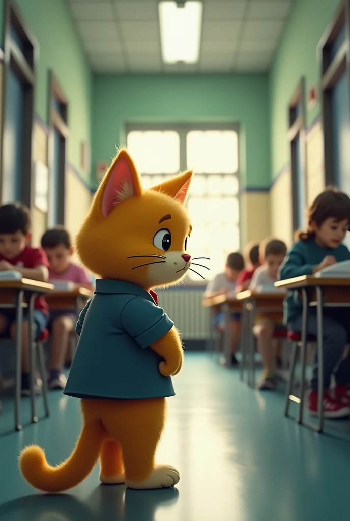 Tom the fluffy yellow cat,wear school uniform, standing alone in the school hallway, looks regretful and sad. He watches through the window as his classmates study hard inside the classroom. Tom’s ears droop, and his face shows a sense of realization that ...