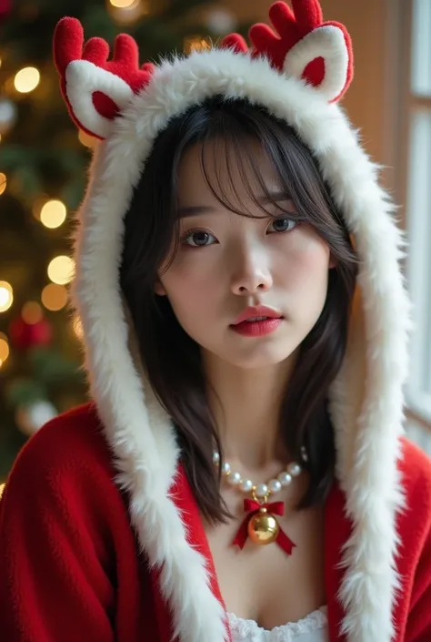 asian girl 18 years, A cozy and enchanting Christmas cosplay featuring a young woman dressed in a red and white Santa-inspired outfit. She wears a fluffy hood trimmed with white fur, accented by playful reindeer antlers and ears peeking out on top. Her dar...