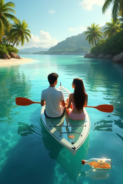  Sailing together in a clear water kayak , surrounded by small tropical islets . you placed a message on a bottle that says:  “Do you want to be my girlfriend ?”.