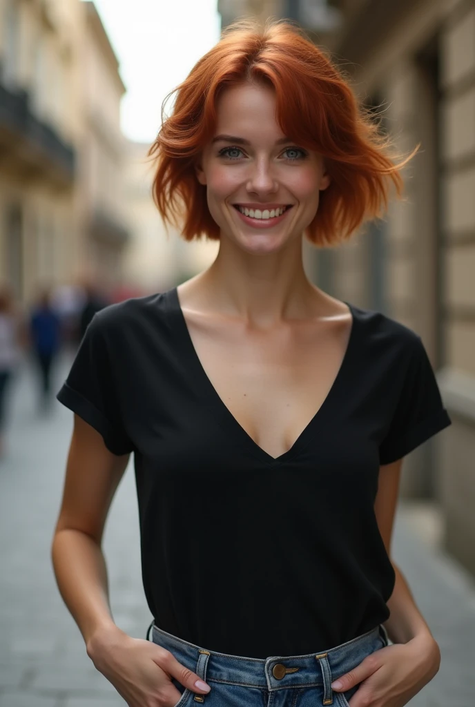 A beautiful ginger short-haired brown eyed woman resembling like a French cinema actress, 21 years old, wearing black t-shirt showing the cleavage, and denim trousers, smiling, feminist, stand up through the sidewalk in Lyon, photorealistic, 8k, highly det...