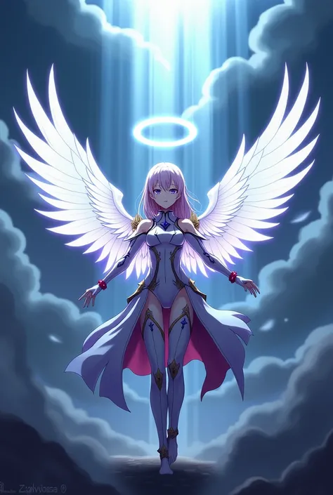  Create a detailed image inspired by Mirai Kakehashi character from the anime Platinum End .  Highlight iconic visual elements of the character ,  like her glowing, ethereal angelic wings in shades of white with touches of blue light ,  and a luminous halo...