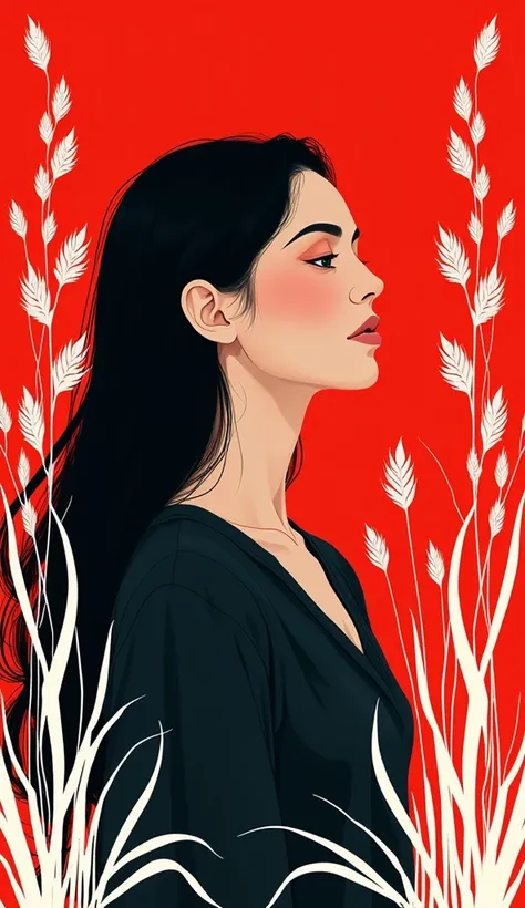 The image features a stylized illustration of a beautiful woman with a calm and serene expression, set against a deep red background. The woman has long, dark hair and is wearing a black garment, which contrasts sharply with the bright background. Surround...