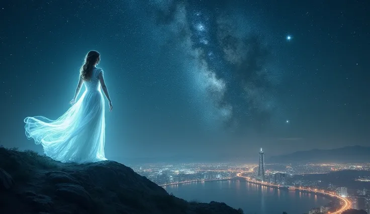 A vast cosmic sky filled with twinkling stars forms the backdrop for her ethereal figure, floating above the city. Her ghostly figure shimmers like a legend, with an aura of immortality that glows softly like starlight.