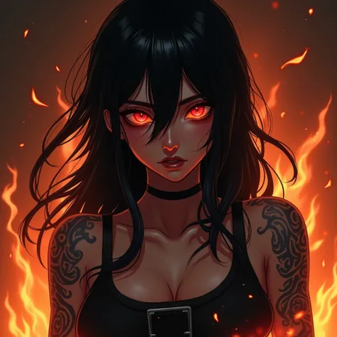 fiery red glowy eyes, black haired mid length, fire background, tattoo on her arms, seeking for revenge, a gamer girl who likes being alone 